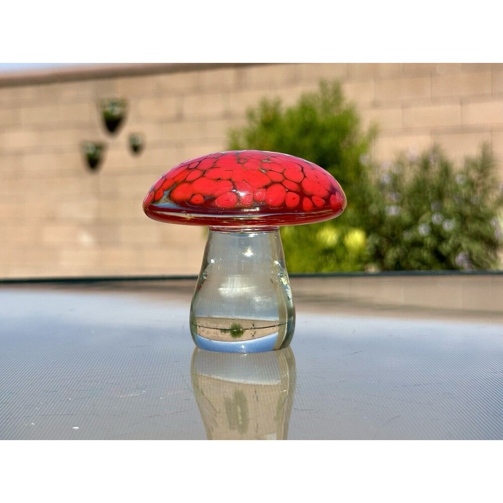 Vintage Rainbow Glass Co. Hand Blown Glass Mushroom Paperweight Red Speckles Top